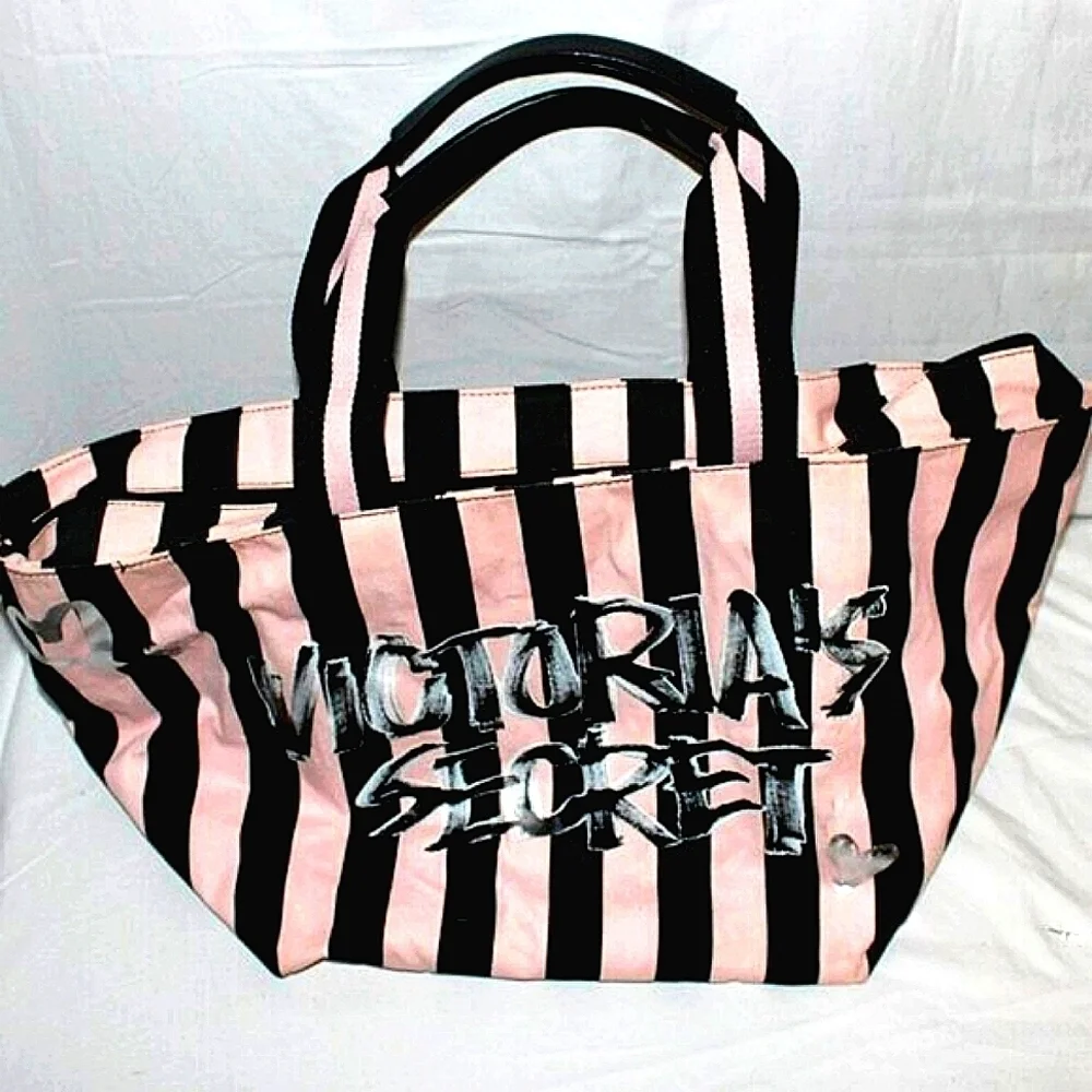 Victoria's Secret Pink & Black Striped Tote Bag – Zipper Top, Spacious & Chic